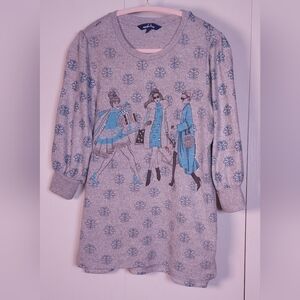 Fleece Grey  Graphic Pullover Sweatshirt Top Size Medium Puff Sleeves Sparkly